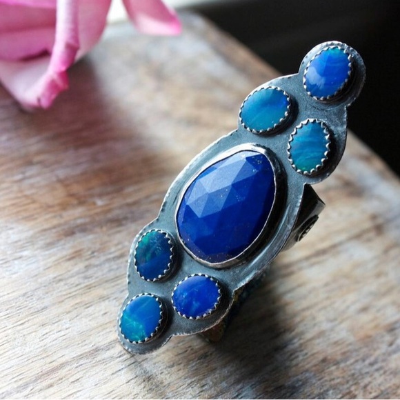 ๐๐ Elegant Blue lapis and opal Gemstone Ring - Picture 3 of 10